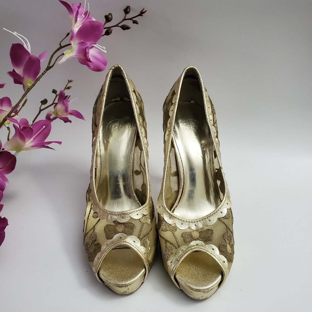 B2 Gold Peep Toe Heels